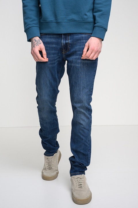 CALVIN KLEIN JEANS, Blugi cu talie medie si aplicatie logo, Albastru