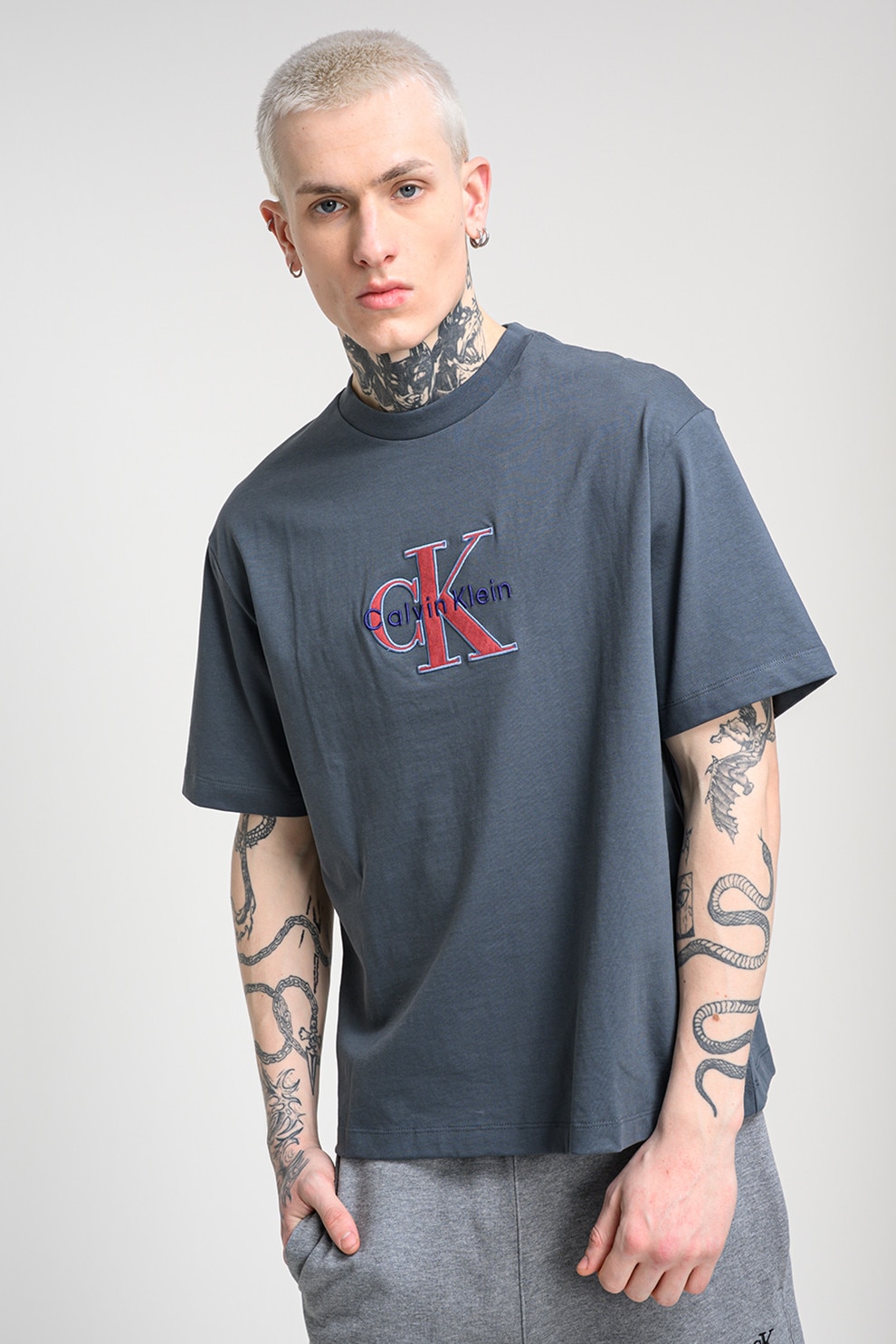 CALVIN KLEIN JEANS, Tricou de bumbac cu logo brodat, Albastru prafuit, M