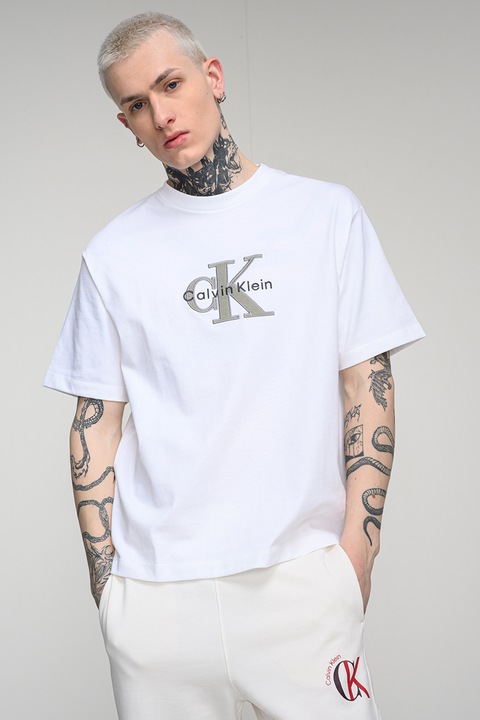 CALVIN KLEIN JEANS, Tricou de bumbac cu logo brodat, Alb optic