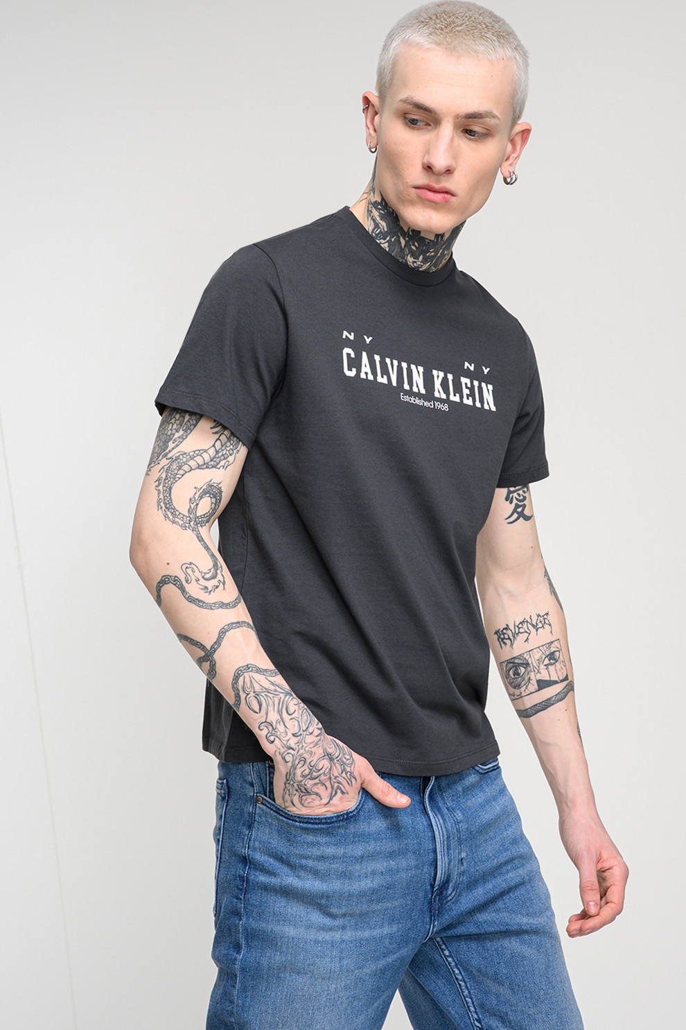 CALVIN KLEIN JEANS, Tricou de bumbac cu decolteu la baza gatului si logo, Negru, S