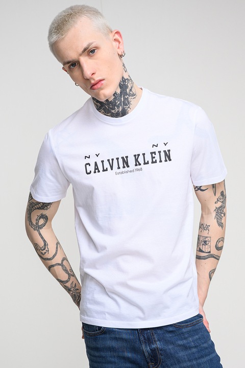 CALVIN KLEIN JEANS, Kerek nyakú pamutpóló logóval, Fehér