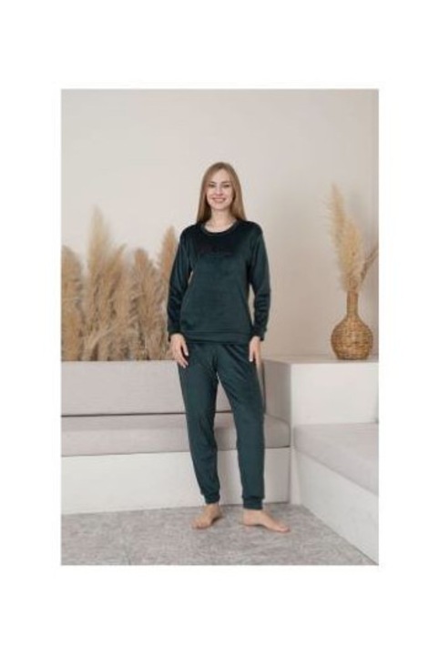 Pijama dama catifea, imprimeu uni, Verde, Marimea M