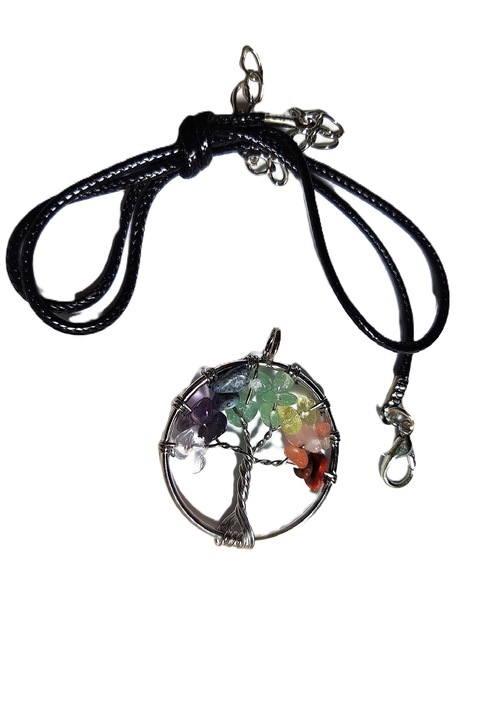 Pandantiv copacul vietii, carneol ametist si alte pietre semipretioase culori curcubeu pe cadru metalic circular si snur, Multicolor, 4 cm
