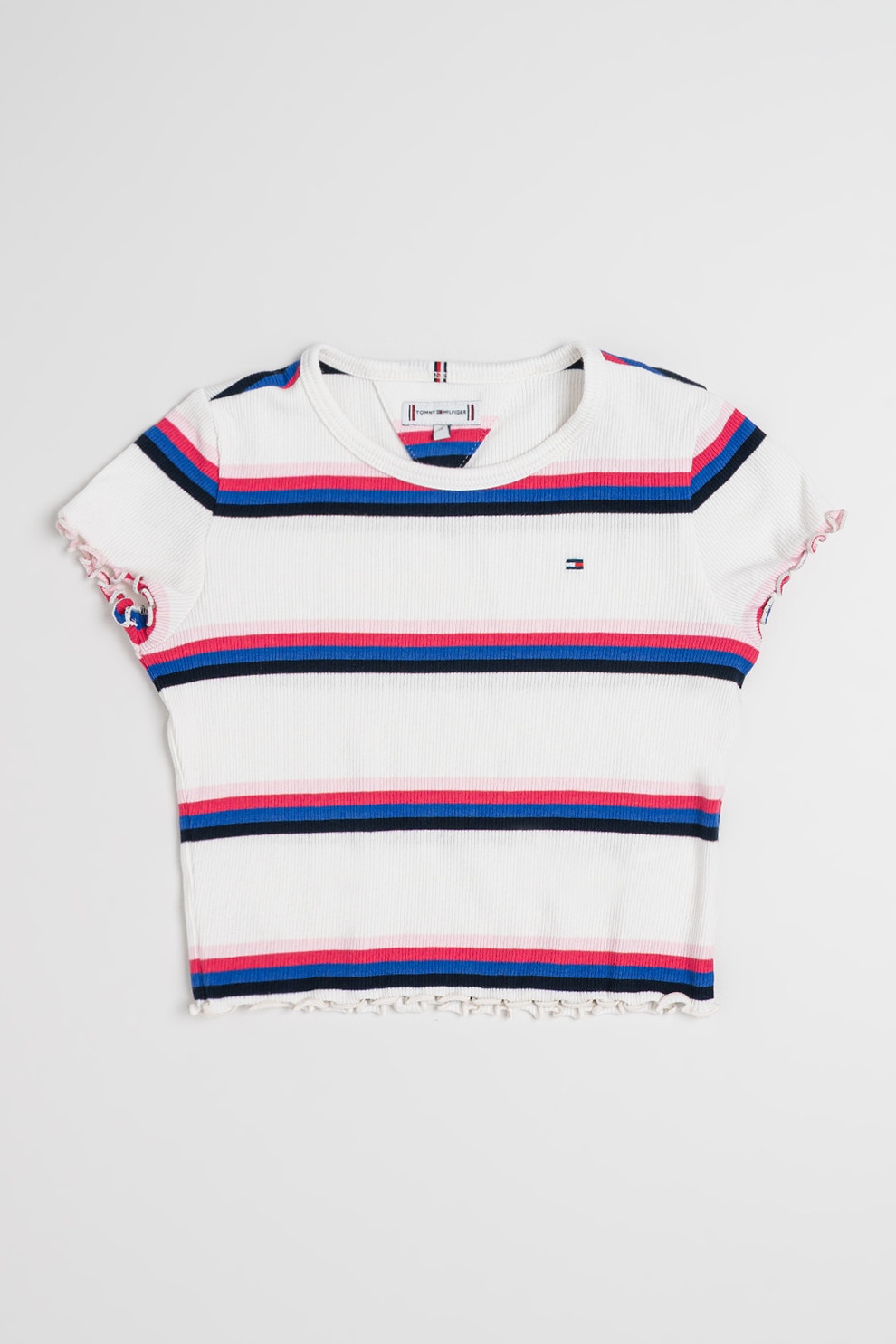 Tommy Hilfiger, Tricou crop slim fit Essential, Albastru royal, Alb optic, Roz, 164 CM