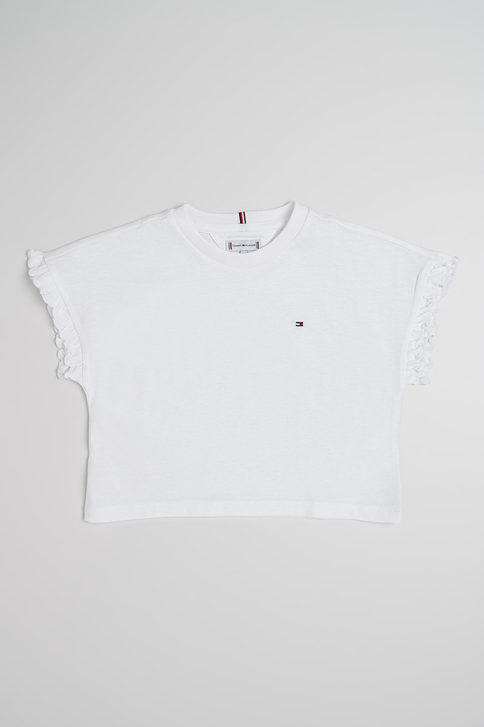 Tommy Hilfiger, Tricou cu decolteu la baza gatului si logo, Alb optic, 152 CM