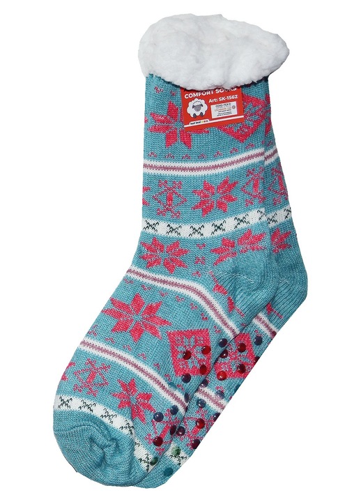 Meleg házicipő bolyhos betéttel és csúszásgátló talppal, mintás, univerzális méret, türkiz