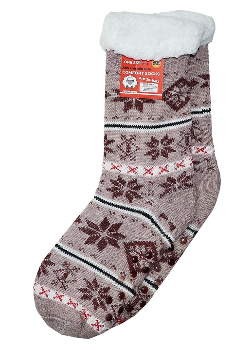 Meleg házicipő puha betéttel és csúszásgátló talppal, mintás, univerzális méret, világosbarna