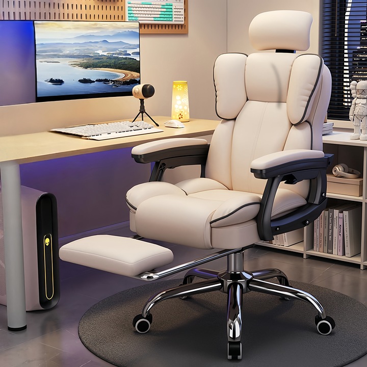 Офис стол Wacorresi, Ергономичен, Лумбална опора, Устойчива PU кожена тапицерия, Регулируема облегалка за глава, Функция въртене на 360°, Регулируема поставка за крака, Механизъм за накланяне 90-135°, Бял