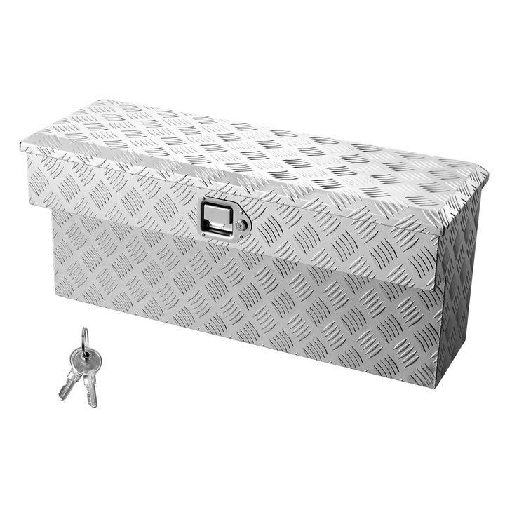Cutie de scule din aluminiu, Lada pentru platforma camion/camioneta/rulota/remorca, Model tabla striata, Cu lacat si cheie, 864 x 305 x 390 mm, Argintiu