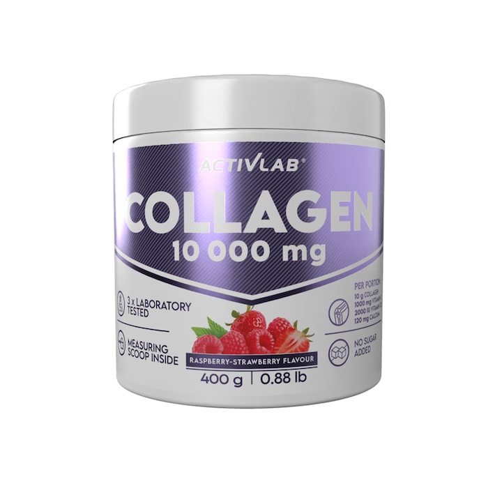 Activlab Collagen 10 000 mg – II-es típusú hidrolizált kollagén C-vitaminnal, D3-vitaminnal és kalciummal – támogatja a csontokat, a bőrt és a porcokat – por 400 g – málna-eper íz