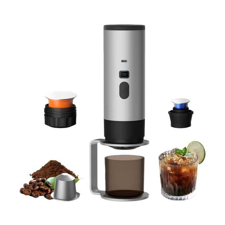 Еспресо машина, преносима, 3-в-1 с цифров дисплей и поставка, мляно кафе или капсули, режим за загряване на вода или студено кафе, батерия 7800mAh, 90мл, сребрист