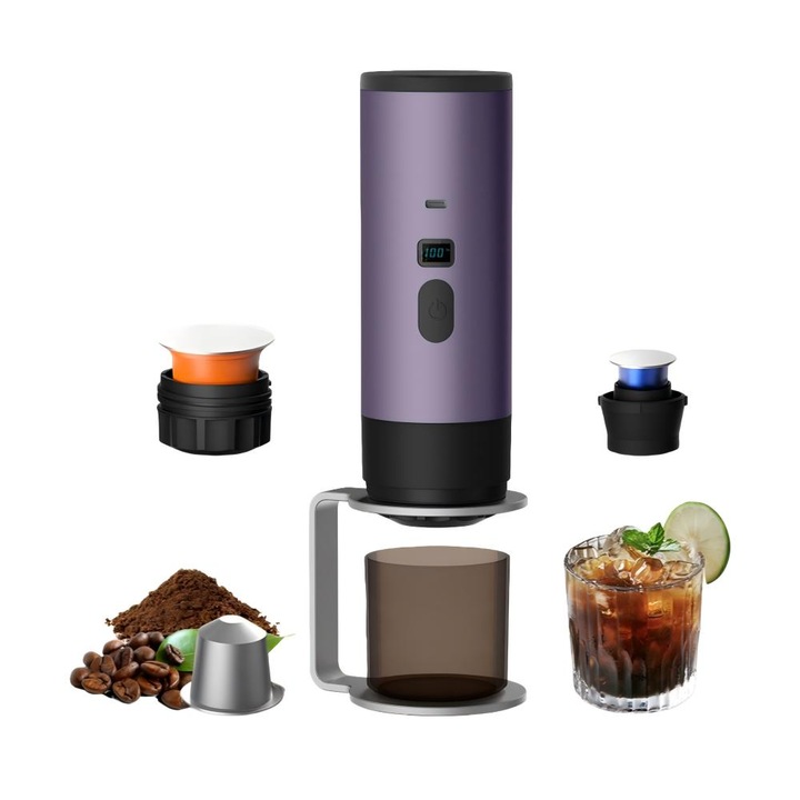 Преносима Еспресо Кафемашина 3-в-1 с Дигитален Дисплей и Стойка, Съвместима с Капсули Nespresso, Dolce Gusto и Мляно Кафе, Батерия 7800mAh, Резервоар за Вода 90 мл, Идеална за Къмпинг, Дом, Офис, Кола, Виолетов