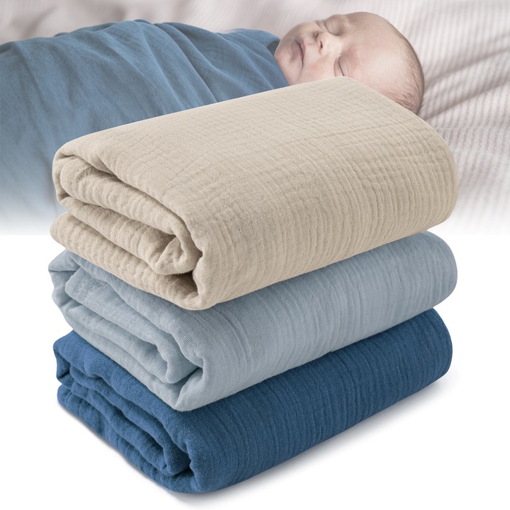 Set 3 Paturica pentru Bebelusi, SHIJOOE®，Muslin Bumbac organic，120x120 cm, Subtire, respirabila si absorbanta， Lavabile la Masina de Spalat，Anti-acarieni, Antistatica, Moale si confortabila, Pentru nou-nascuti pana la copii mici, Gri/Cian