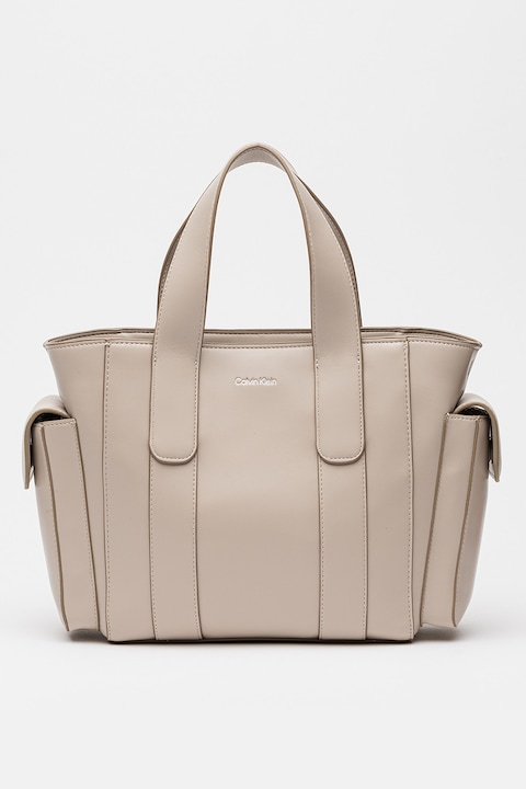 CALVIN KLEIN, Geanta din piele ecologica cu bareta de umar detasabila cu logo si model jacquard, Maro taupe deschis