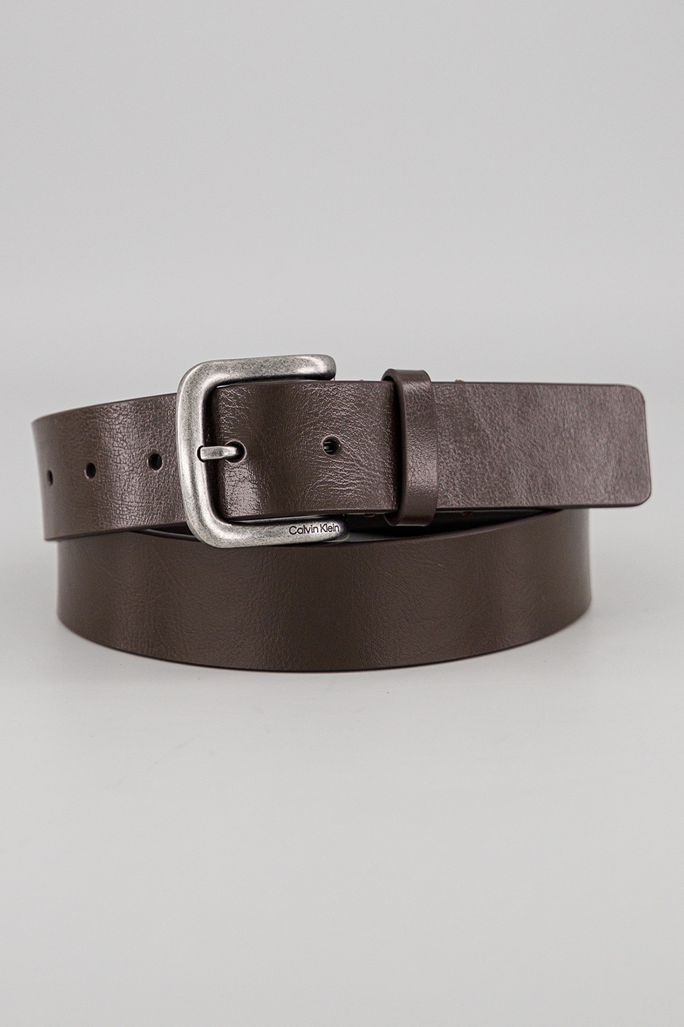 CALVIN KLEIN, Curea din piele cu catarama rotunda, Maro inchis, 100