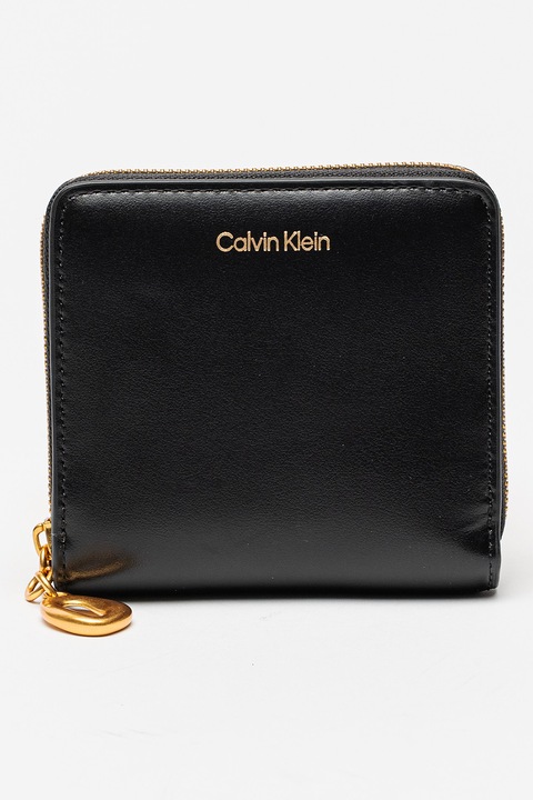 CALVIN KLEIN, Portofel din piele cu fermoar si logo metalic discret, Negru