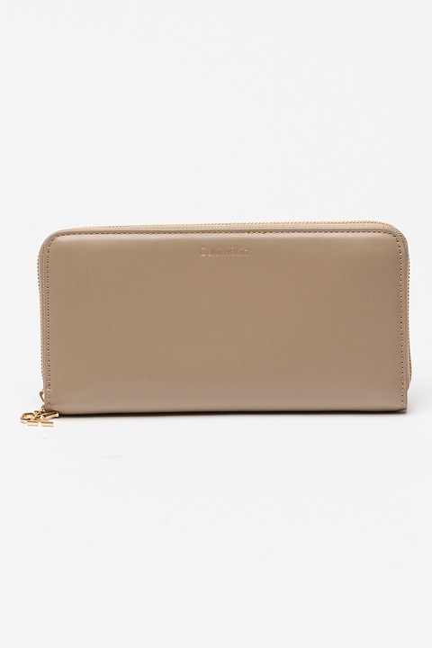 CALVIN KLEIN, Portofel dreptunghiular din piele cu logo metalic, Maro taupe