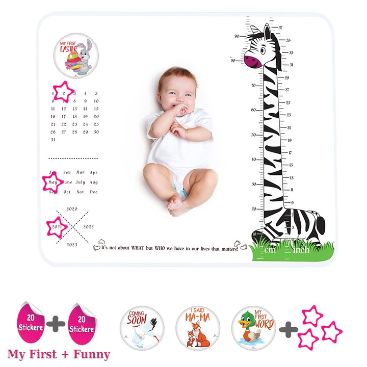 Пакет Фото одеяло за бебета Baby Milestone Blanket дизайн Long Neck Zebra с 20 стикера My First + 20 стикера Funny