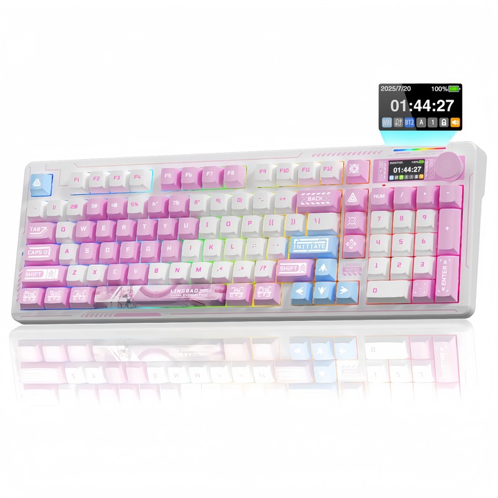 Механична клавиатура K98 PRO, 96%, 97 клавиша, Смарт 1,14” екран, Многофункционален въртящ се бутон, PBT, 2.4G / USB-C / Bluetooth, 10000 mAh, RGB подсветка, Пълен hot-swap, Съвместима с 3-пинови и 5-пинови механични суичове, Бял/Розов