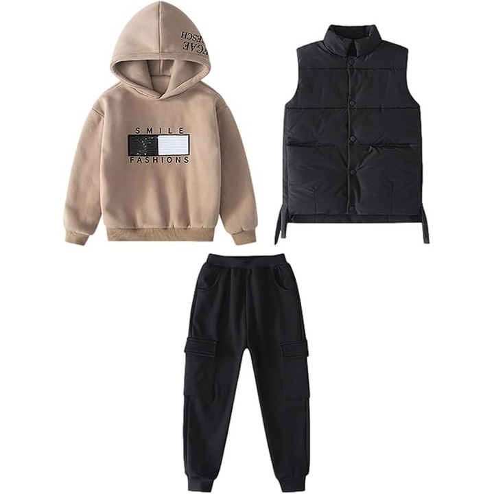 Set pentru Baieti, 3 Piese cu Hanorac cu Gluga, Vesta si Pantaloni, Captusit cu Fleece, Bumbac 95%, Ideal pentru Iarna, Scoala si Activitati Zilnice, Negru si Bej, Marimea 140, 7-8 ani