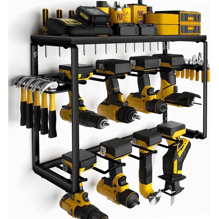 Organizator scule, Wacorresi®, Suport metalic pentru scule, Metal Rafturi pentru scule, cu 3 niveluri, material Premium, rezistent uzurii, durabil, cu 8 suport perete pentru bormasina, pentru garaj si atelier, multifunctional, Metal, 40x20x41cm, Negru