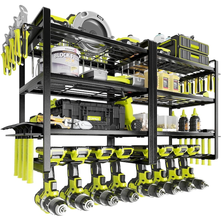 Set 2 Organizator scule, Wacorresi®, Suport metalic pentru scule, Metal Rafturi pentru scule, cu 4 niveluri, material Premium, rezistent uzurii, durabil, cu 8 suport perete pentru bormasina, pentru garaj si atelier, multifunctional, Metal, 80x20x39cm, Neg