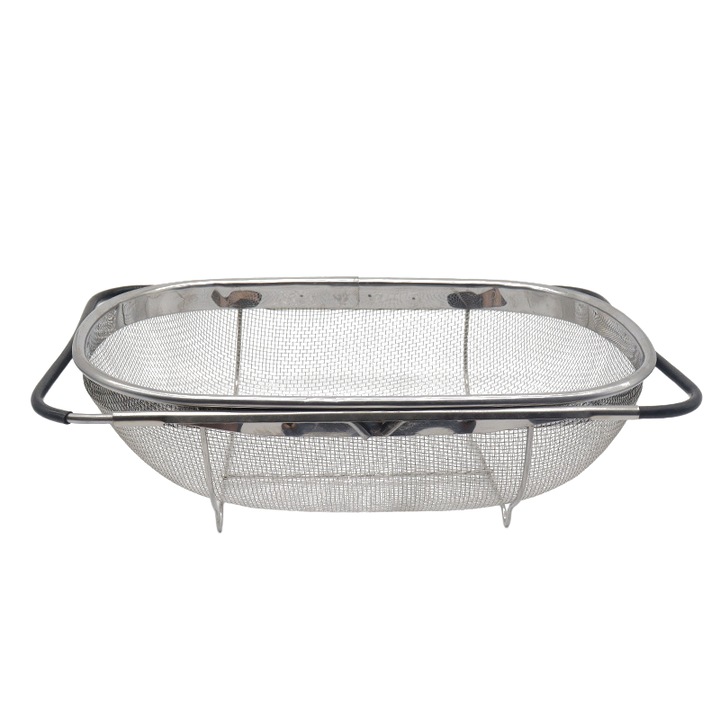 Разтегателна цедка от неръждаема стомана 304, поставка за кухненска мивка, многофункционална за плодове и ориз, 36x24x11см, неръждаема стомана 304/430 + силикон, 1 брой