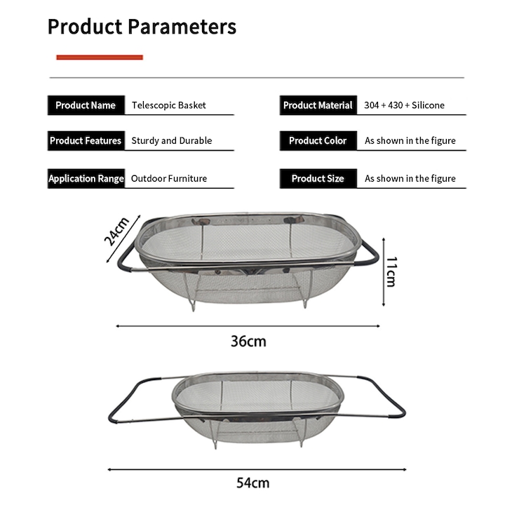 Cos Fructe Inox Cos de scurgere extensibil din inox 304, suport pentru chiuveta de ...