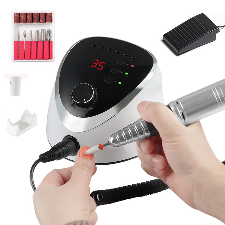 Freza unghii profesionala, asskanaer, Freza electrica pentru unghii, Cu pedala si 6 capete de slefuire, 35000 RPM, Viteza reglabila, Display LED, Design ergonomic, Pentru lustruire manichiura, Pedichiura, ABS, Metal, 15*14*7.5 cm, Alb