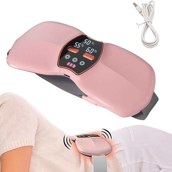Centura abdominala DRAGO™ cu compresa calda, masaj si vibratii, pentru dureri menstruale si lombare, incarcare USB Type-C, baterie 2500mAh, culoare roz