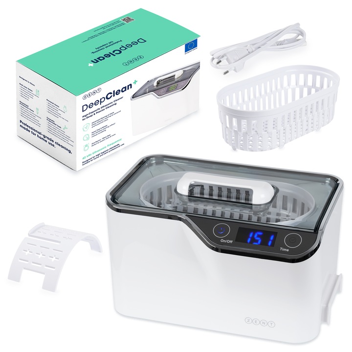 Aparat de Curățare cu Ultrasunete ZENT DeepClean+ CDS-100, 42kHz, 600ml, Control Digital, pentru Bijuterii și Ochelari
