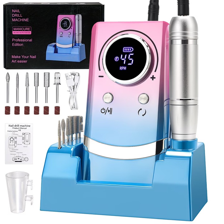 Freza Unghii Electrica Portabila 45000RPM, 2000mAh, Display Digital, Rotire Reglabila, 6 Pile Incluse, Pentru Manichiura Pedichiura, Gel si Acrilic, Violet Colorat