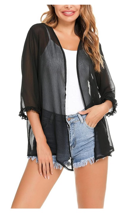 Cardigan Dama din Sifon, Maneca 3/4, Casual Elegant, negru transparent, marime M