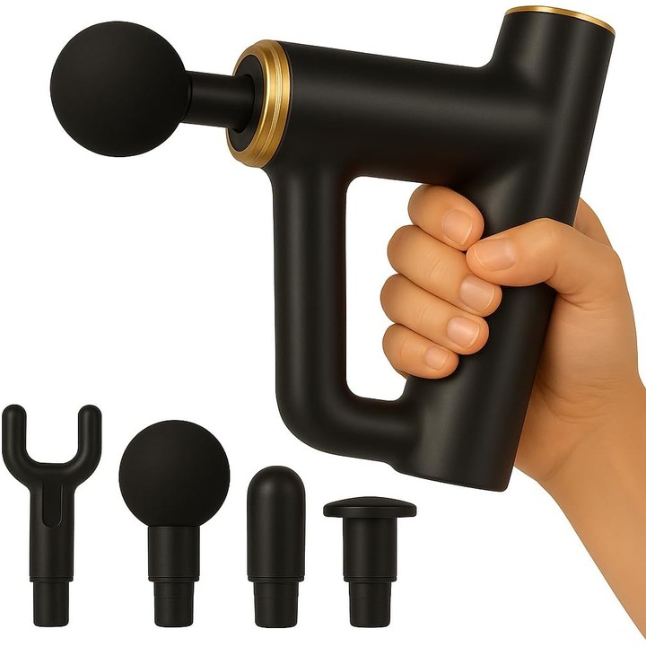 Aparat Pentru Masaj Profesional Tip Pistol, 6 Viteze, Motor Silentios, 4 Capete, 1200-3200 Percutii/Minut, Motor Silentios si Puternic, Design Ergonomic, Amplitudine 7mm, Aparat de Masaj Muscular, Relaxare, Ecran Touch, Negru