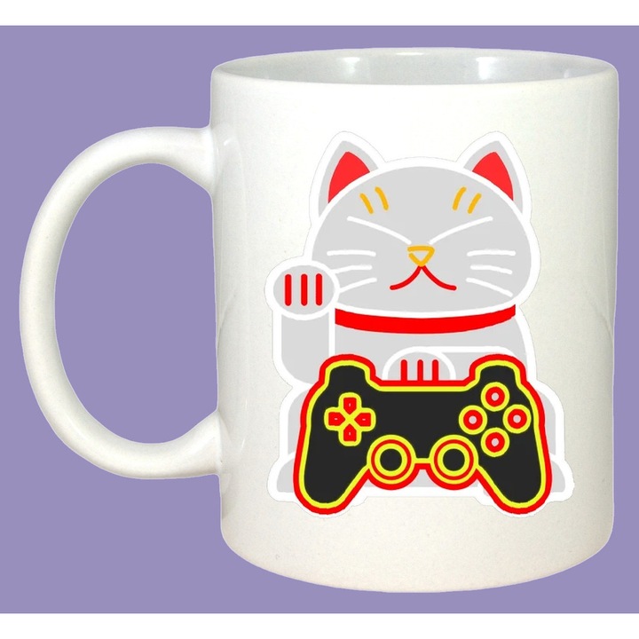 Cana Astro Bot stil maneki neko pisica norocoasa gaming, Sarbatori, Cadou, Cri-Flo, Culoare Alb, 330 ml