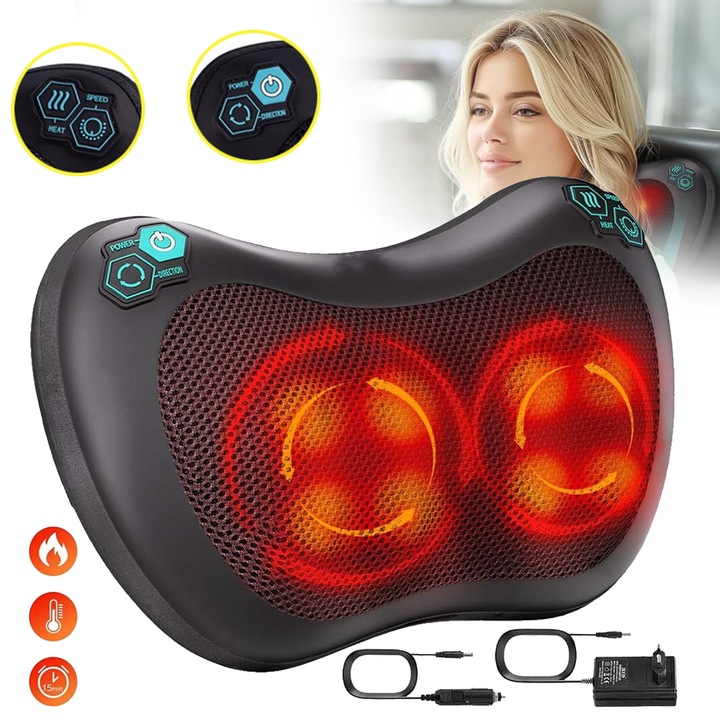 Aparat Masaj Tip Perna Relaxare Electrica Cu Masaj Cervical Sau Lombar, Cu 8 Bile Rotative, Functie De Incalzire Si Infrarosu, Aparat De Masaj Pentru Shiatsu Spate, Gat, Profund Tesuturi Pentru