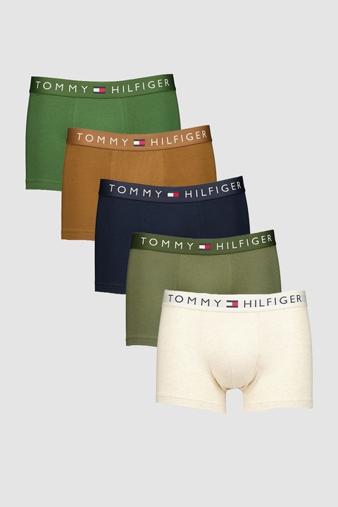 Tommy Hilfiger, Боксерки с лого на талията - 5 чифта, Кафяв/Каки/Тъмносин
