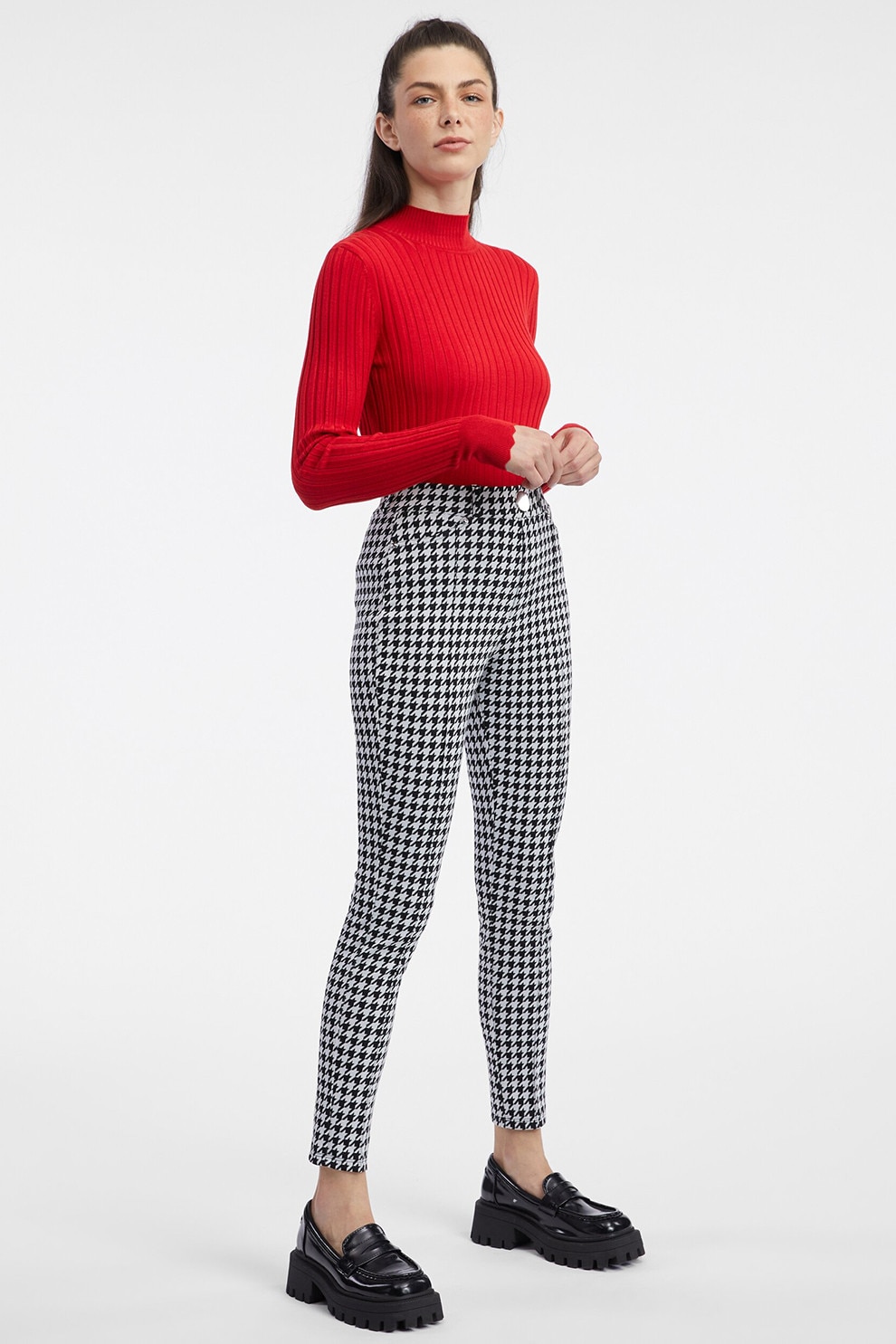 ORSAY, Pantaloni skinny cu model houndstooth, Alb, Negru, 38