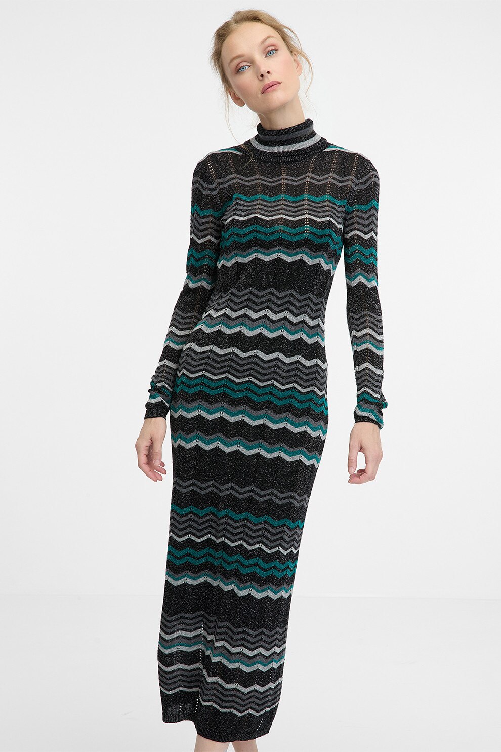 ORSAY, Rochie midi cu dungi si guler scurt, Gri deschis, Verde marin, Negru, XS