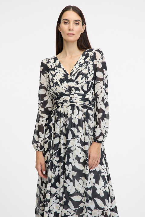 ORSAY, Rochie cu decolteu in V, model floral si maneci lungi, Alb fildes/Negru