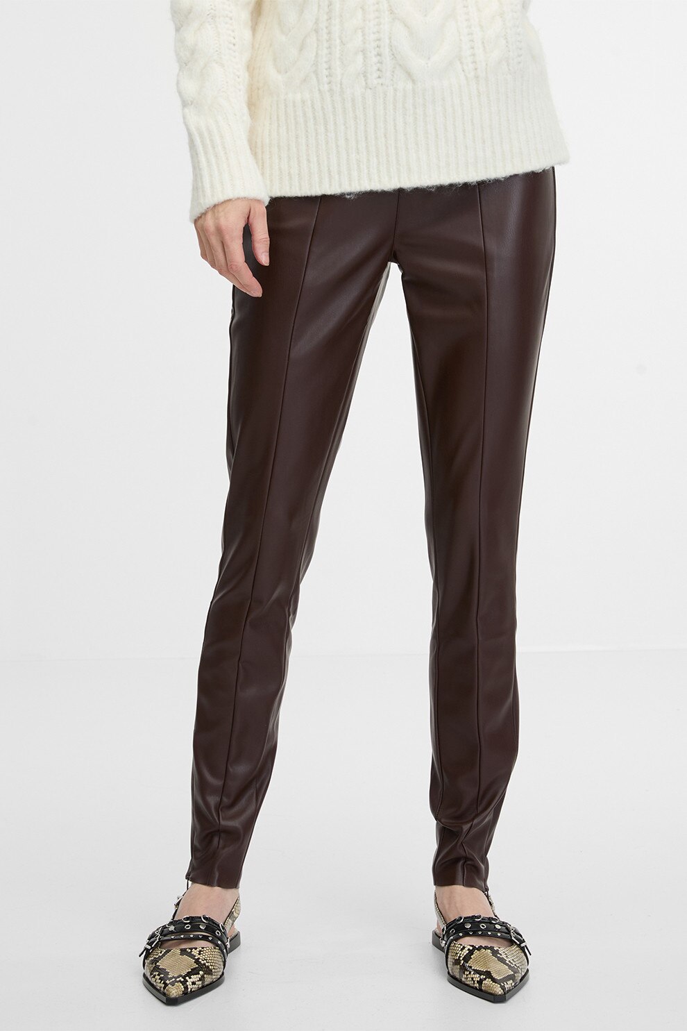 ORSAY, Pantaloni slim fit de piele ecologica, Maro inchis, 36