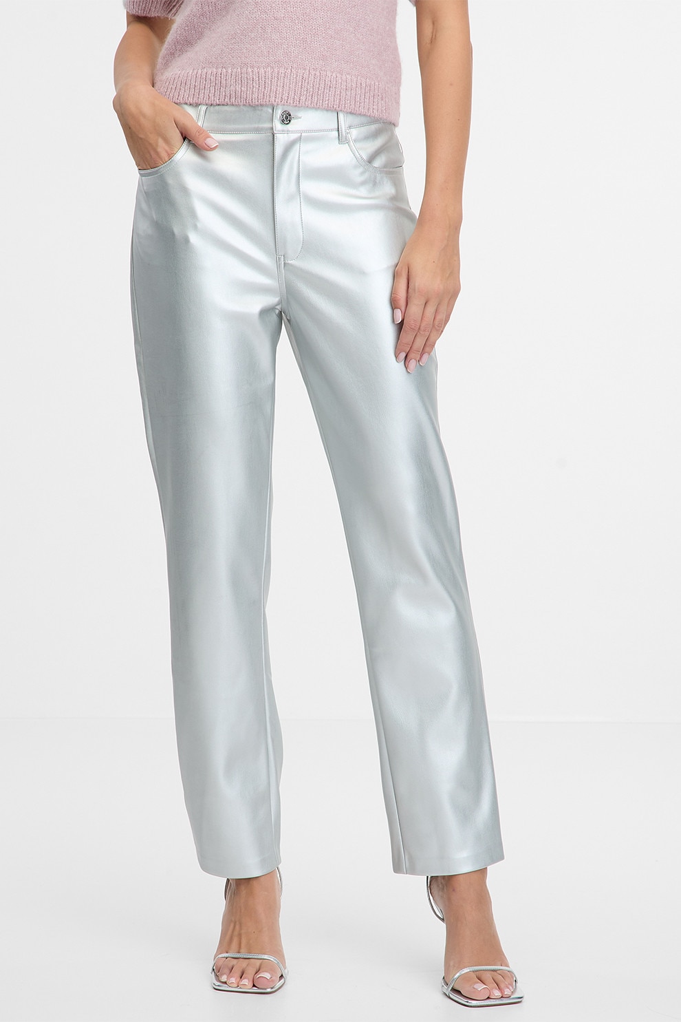 ORSAY, Pantaloni drepti cu aspect metalic, Argintiu, 38