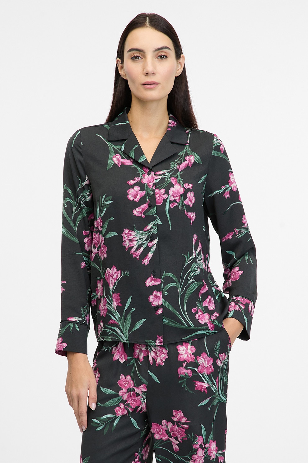 ORSAY, Camasa cu model floral si maneci lungi, Verde, Fucsia, Negru stins, 36