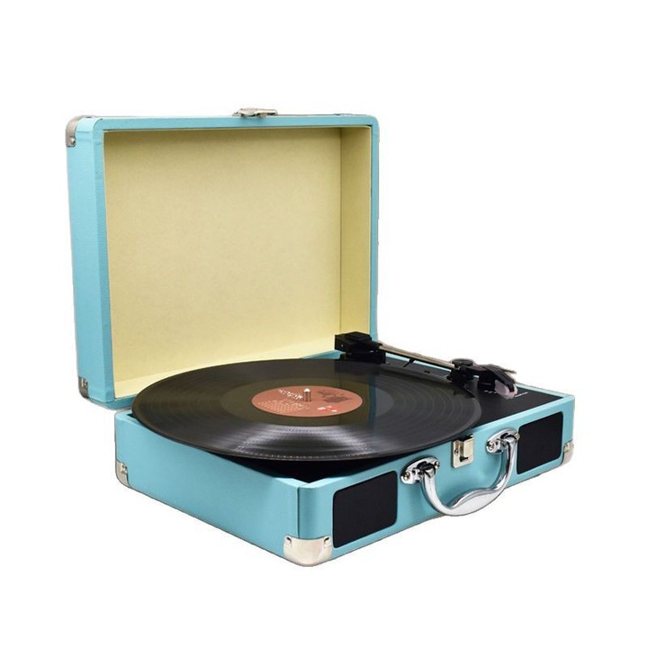 Lemezjátszó, Omelivon, 3 sebesség, Retro táska dizájn, Bluetooth 5.0, Beépített hangszórók, AUX-IN, RCA kimenet, Kék szín