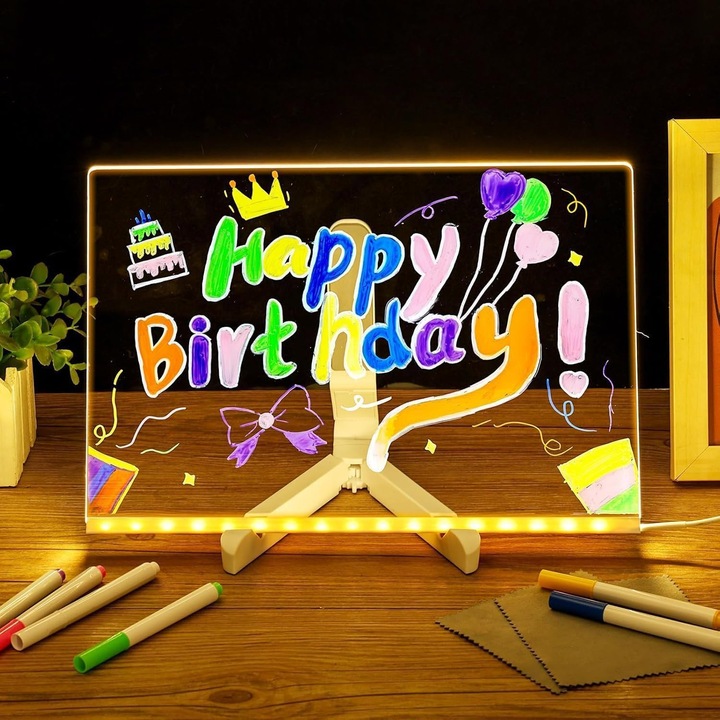 Tabla LED pentru Scris si Desen, cu suport si 7 markere, 30x20 cm, Set Complet de Accesorii