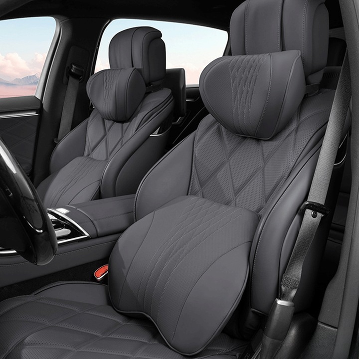 Set 2 Perne Auto Premium pentru Scaun si Tetiera, Design Ergonomic cu Suport Lombar si Cervical, Piele Naturala Respirabila, Confort Sporit la Drum Lung, Compatibilitate Universala, Negre, PriStyle®