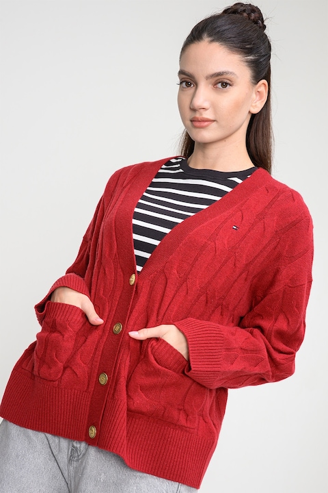 Tommy Hilfiger, Cardigan din lana cu design torsade, Caramiziu