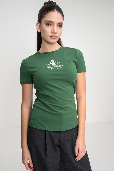 Tommy Hilfiger, Tricou slim-fit cu decolteu la baza gatului, Verde
