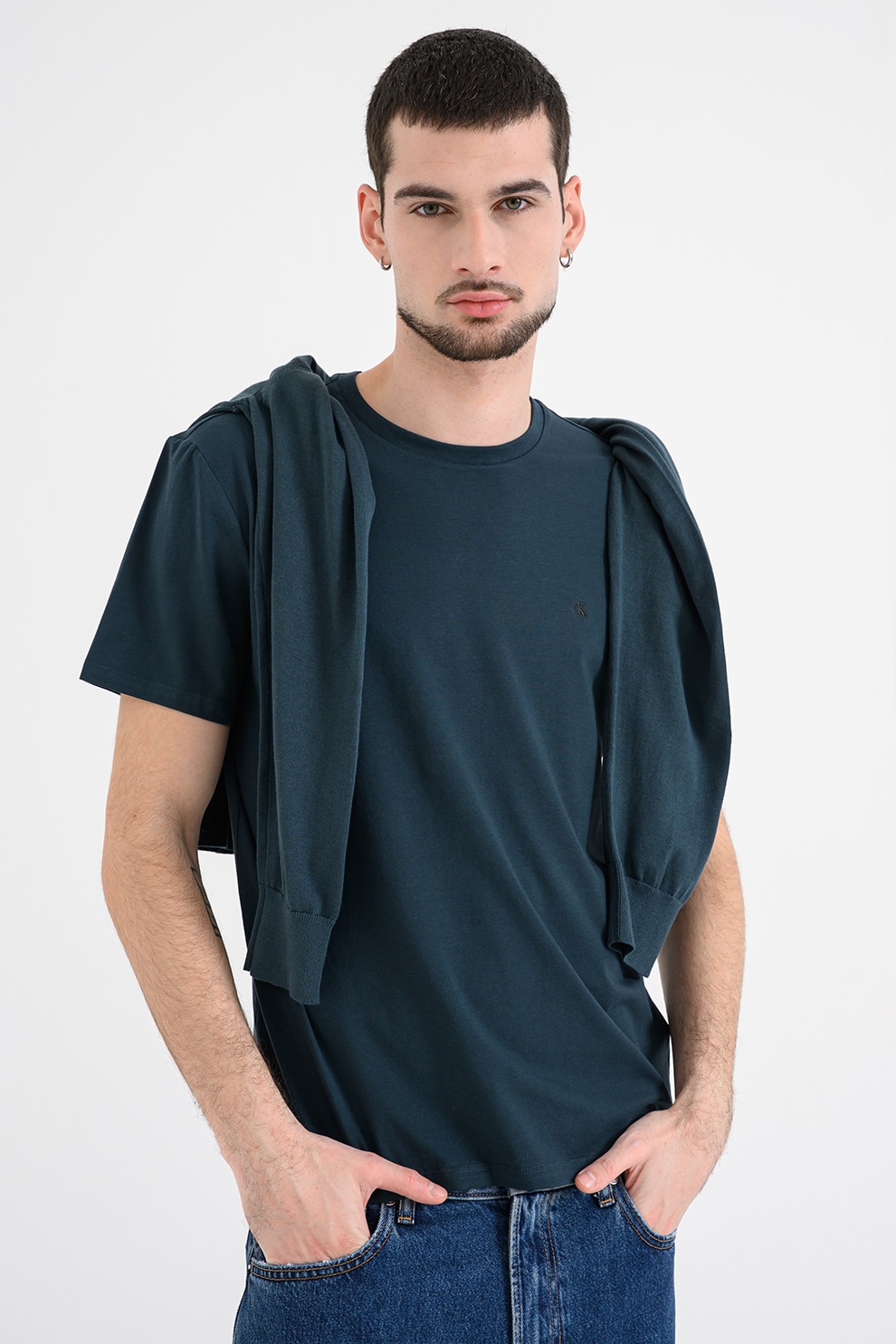 CALVIN KLEIN, Tricou uni cu decolteu la baza gatului, Verde inchis, L