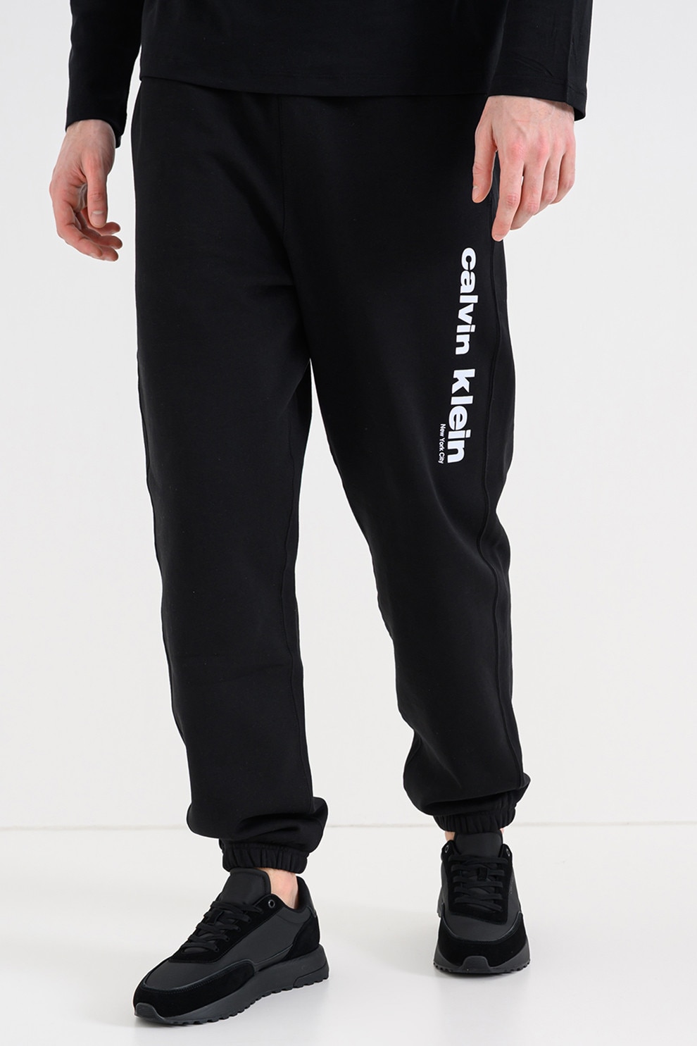 CALVIN KLEIN, Pantaloni de trening din amestec de bumbac cu imprimeu logo, Negru, L